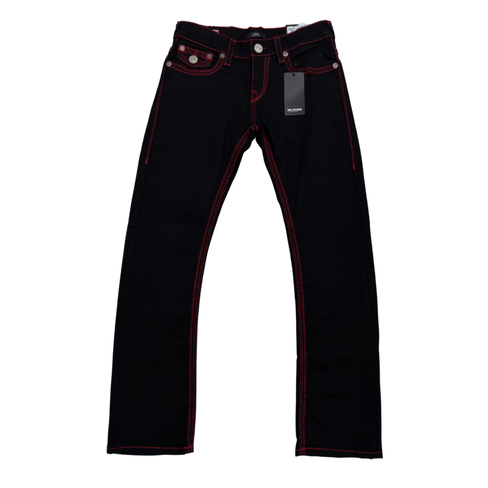 PANTALÓN CABALLERO TRUE RELIGION NEGRO DETALLES ROJOS
