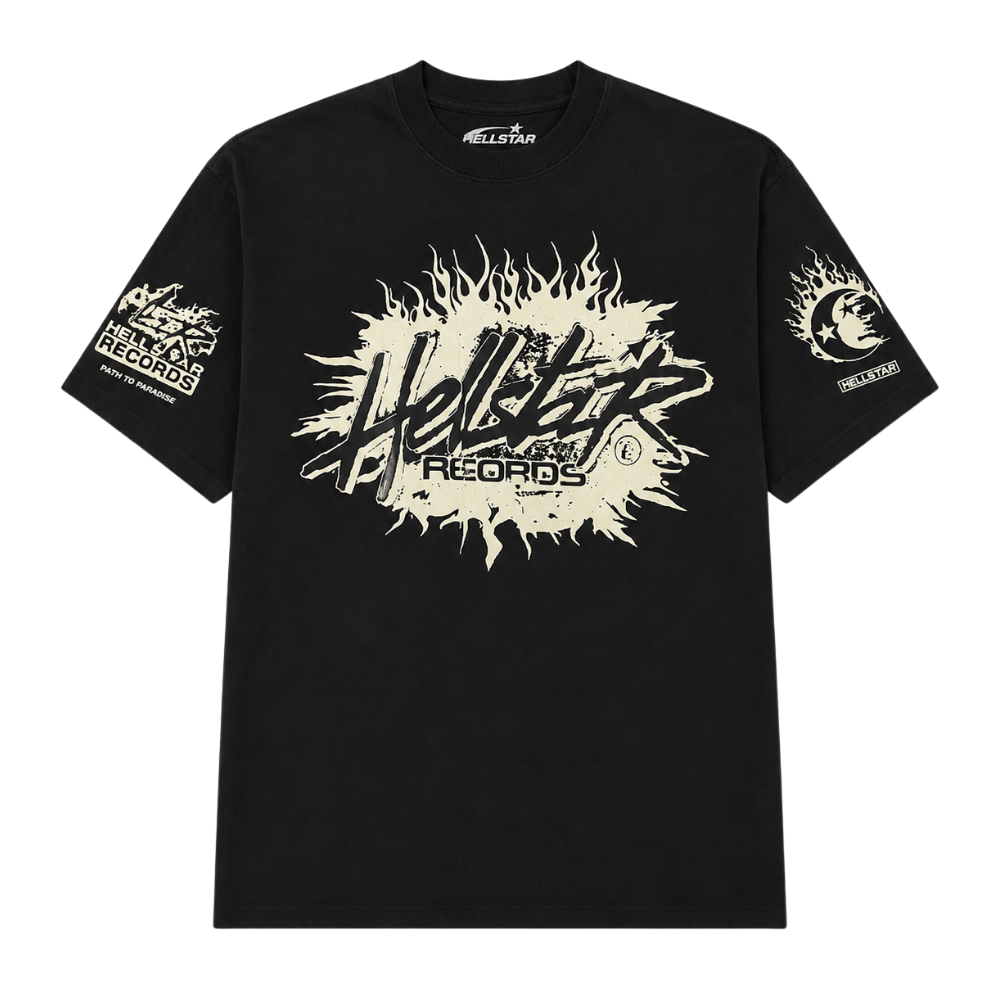 PLAYERA HELLSTAR "RECORDS NEGRA/BEIGE DESLAVADA"