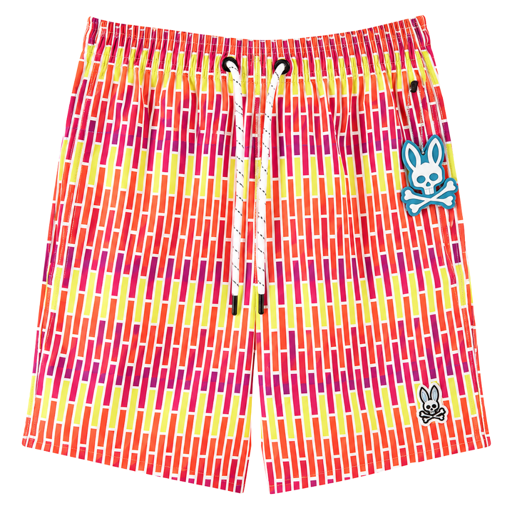 SHORT DE PLAYA PSYCHO BUNNY "AMARILLO RECTANCULOS NARANJA/ROJO"
