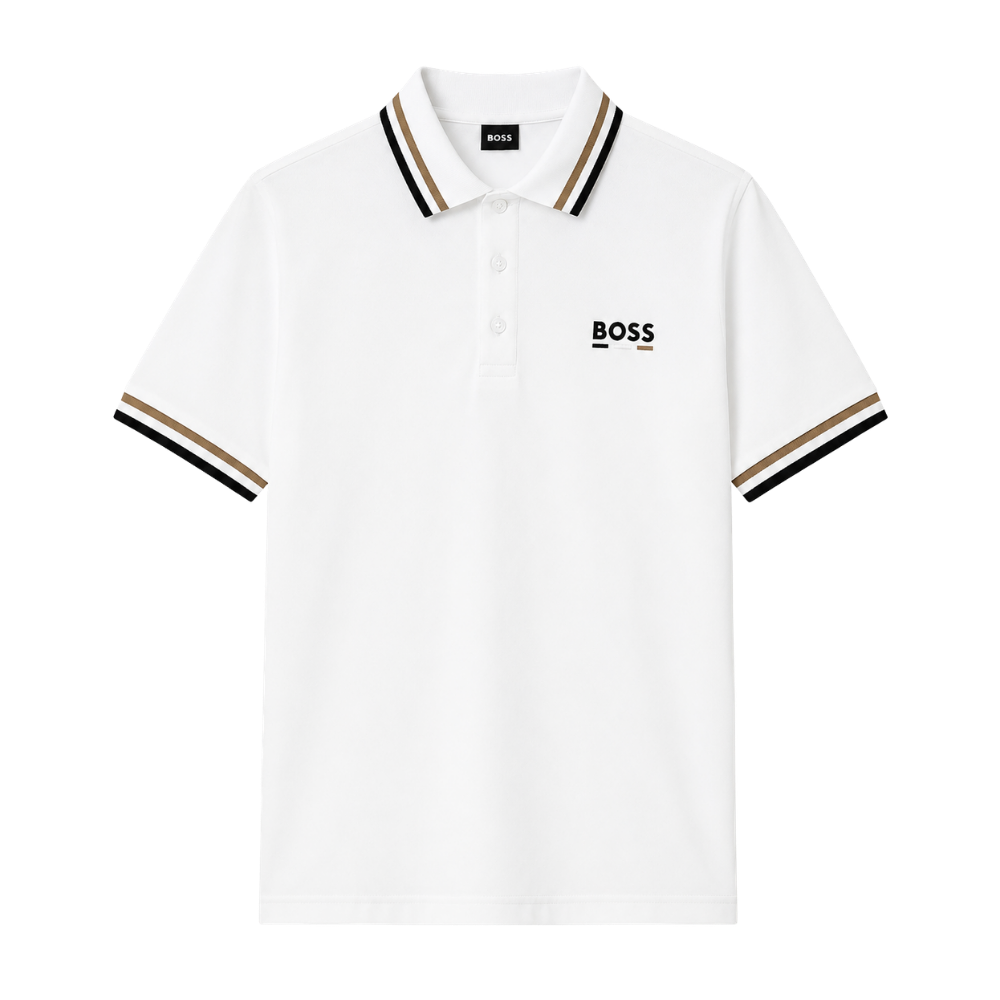 POLO BOSS "BLANCO CUELLO LINEAS BEIGE/NEGRO"