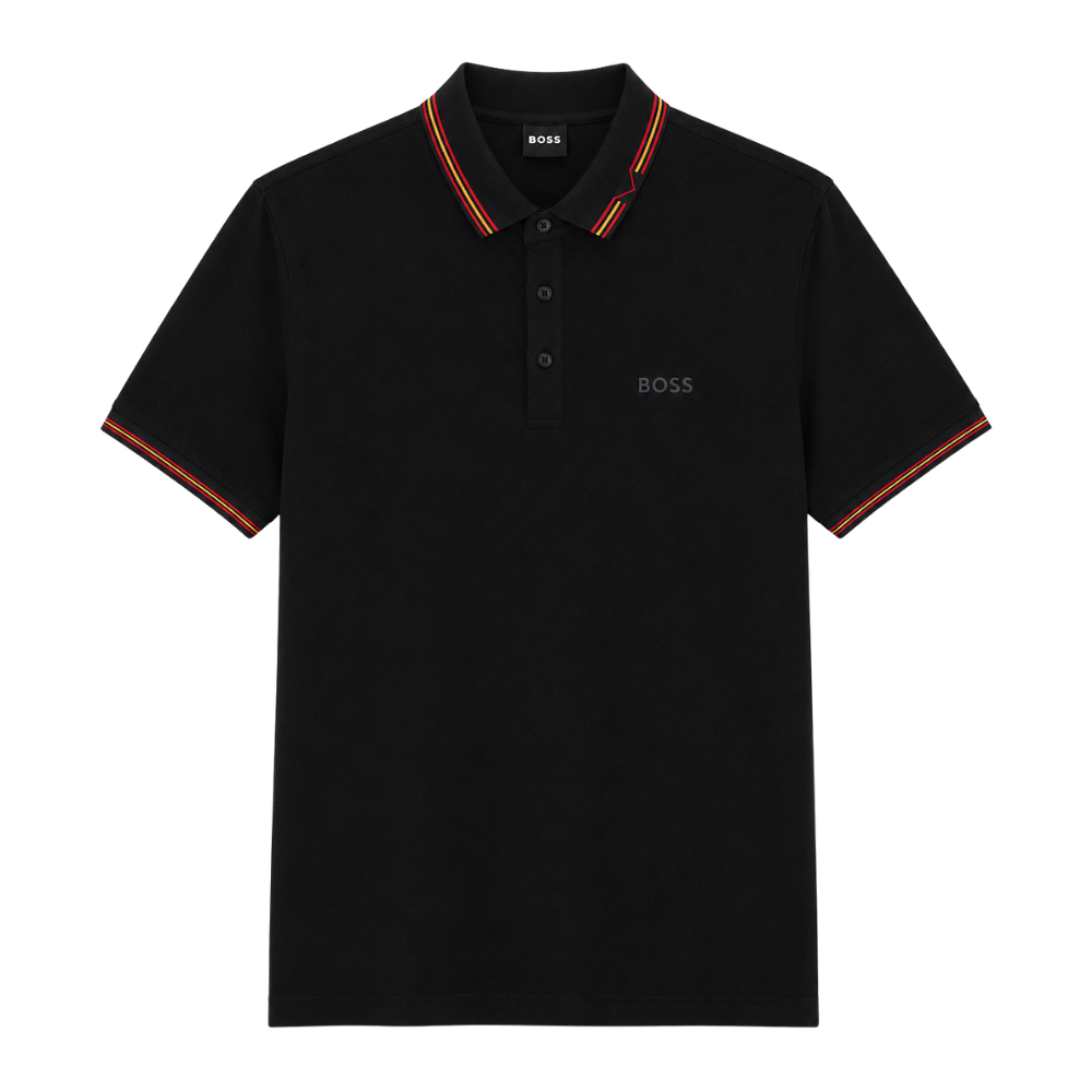 POLO BOSS "NEGRA DETALLE CUELLO ROJO/AMARILLO"